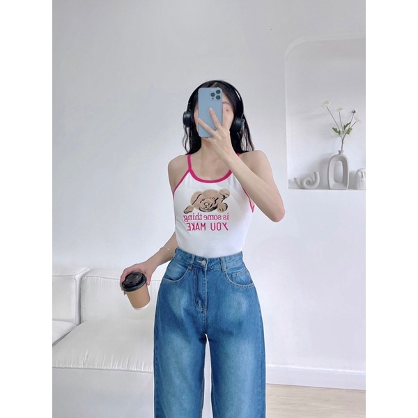 Áo dây thêu gấu viền màu dễ thương