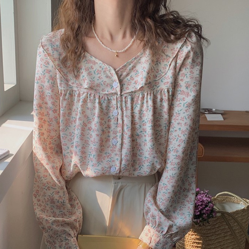 Áo sơ mi SUXI tay dài dáng rộng cổ búp bê in hoa thời trang cho nữ