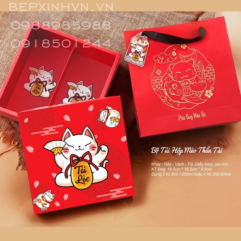 Bộ túi hộp bánh tết mèo thần tài