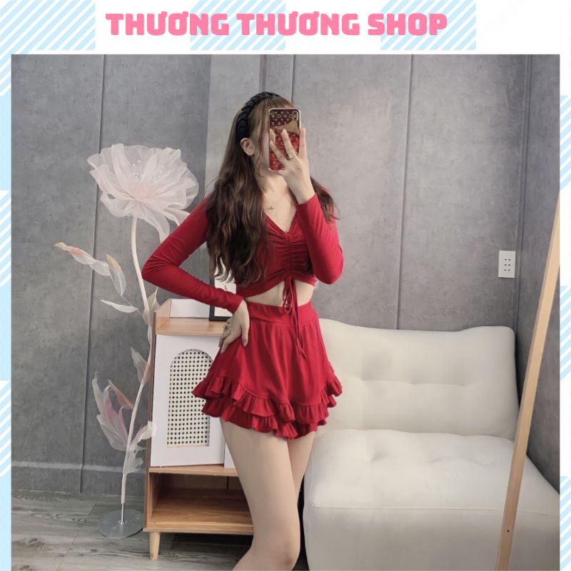 Sét Áo Thun Gân Tay Dài + Quần 2 Tầng Phối Bèo Chuẩn Thời Trang Nữ, Form dáng cực xinh Trẻ trung gợi cảm.
