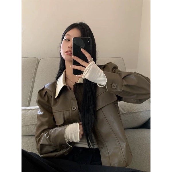 ÁO KHOÁC DA PHỐI MÀU DÁNG NGẮN AKDTHP