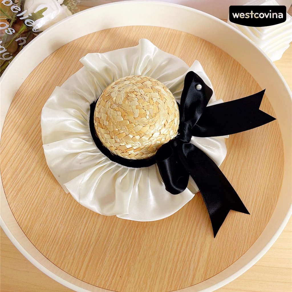 [COD]♘Mũ Cói Che Nắng Đính Nơ Viền Bèo Dễ Thương Thoải Mái Cho Thú Cưng