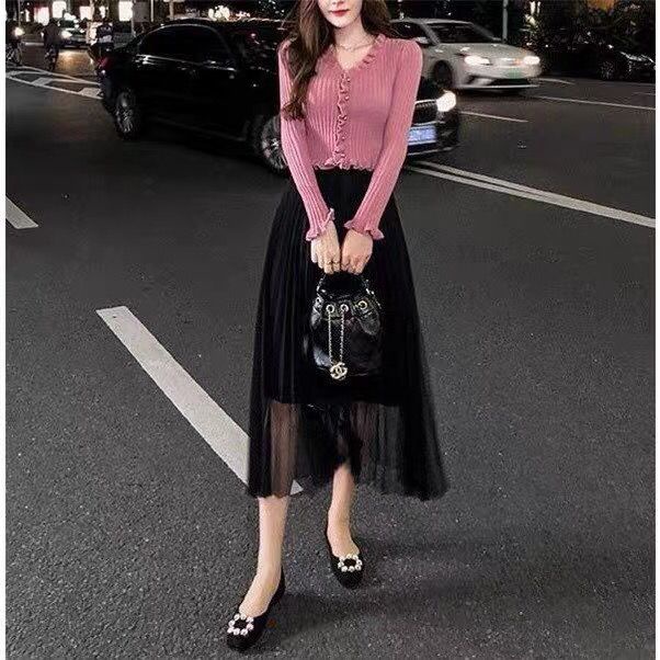 [Giao Ngay] Áo Sweater Dệt Kim Ngắn Tay Dài Dáng Ôm Màu Hồng Cá Tính Phong Cách Mới Thu Đông Cho Nữ