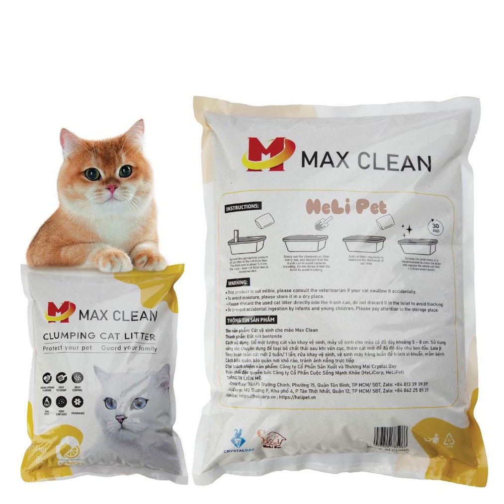 Cát vệ sinh cho mèo Max Clean 4Kg 8L vón tốt ít bụi dùng cho máy vệ sinh và khay vệ sinh