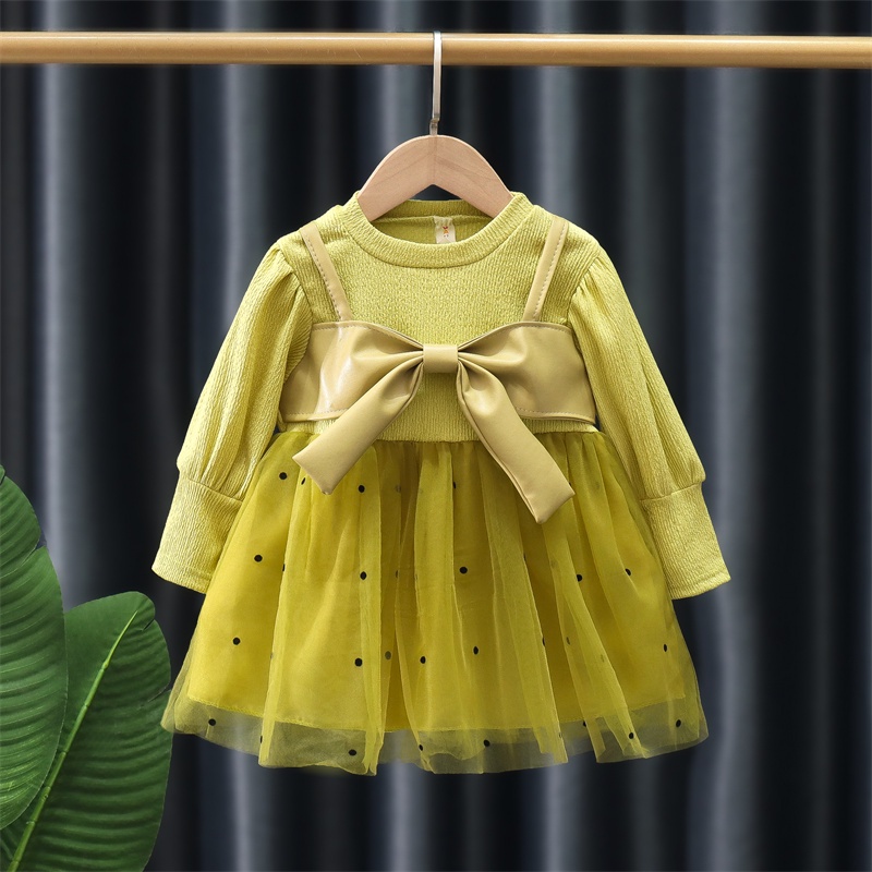 Đầm Công Chúa Vải Tuyn Tay Dài Cổ Tròn Màu Trơn Đính Nơ Phối Da Dễ Thương Thời Trang Xuân Thu Cho Bé Gái 0-3 Tuổi