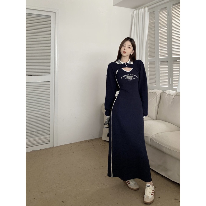 Đầm Nữ Dài Tay Cổ Bẻ Form Rộng Thời Trang Hàn