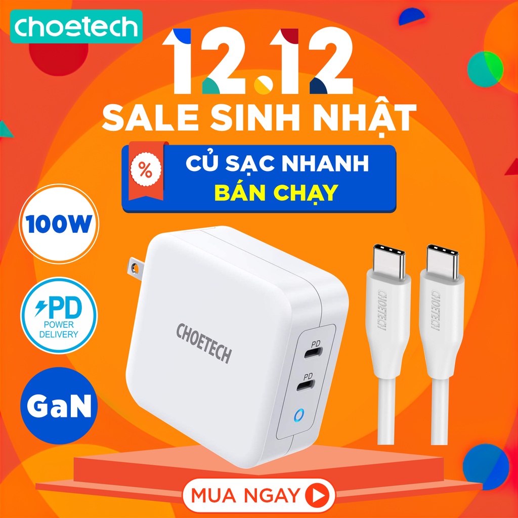 Củ Sạc Laptop Macbook Smartphone GaN PD 100W CHOETECH PD6008 Tặng Kèm Dây Cáp 100W - Hàng Chính Hãng