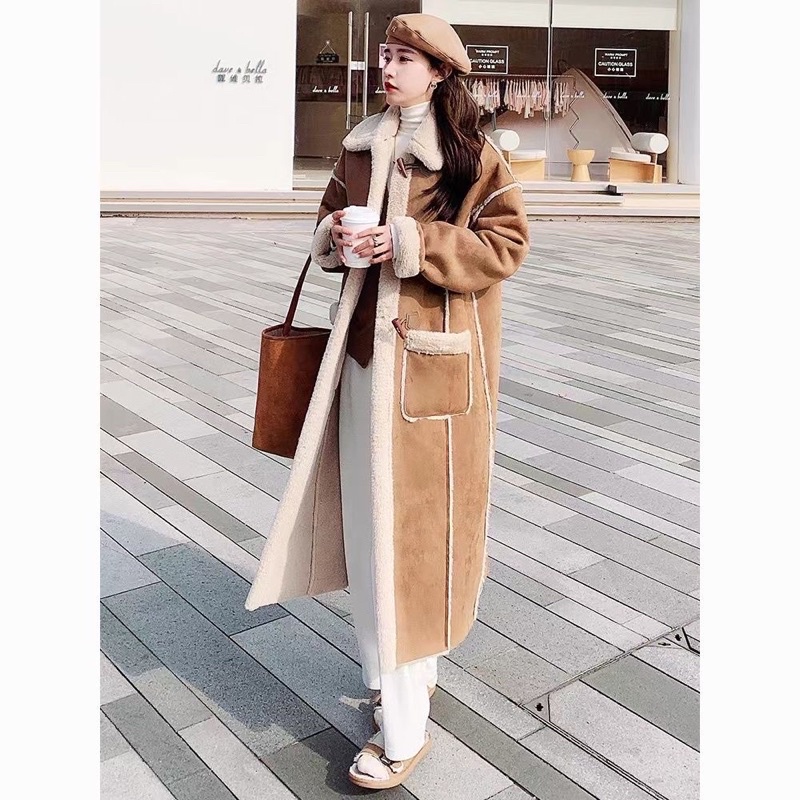 Áo khoác da lộn lót lông siêu ấm dáng dài màu nâu phong cách Hàn quốc