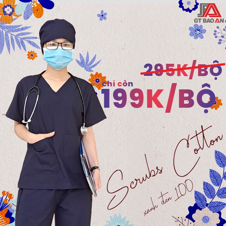 Bộ Scrubs bác sĩ NAM NỮ cổ tim cao cấp màu XANH ĐEN - Quần áo Blu phẫu thuật, Đồng phục Spa