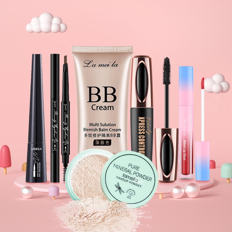 Bộ trang điểm đầy đủ LAMEILA 6 món， Kem BB, Phấn phủ,  Mascara, Chì kẻ mày, Kẻ mắt, Son kem，LML-T6