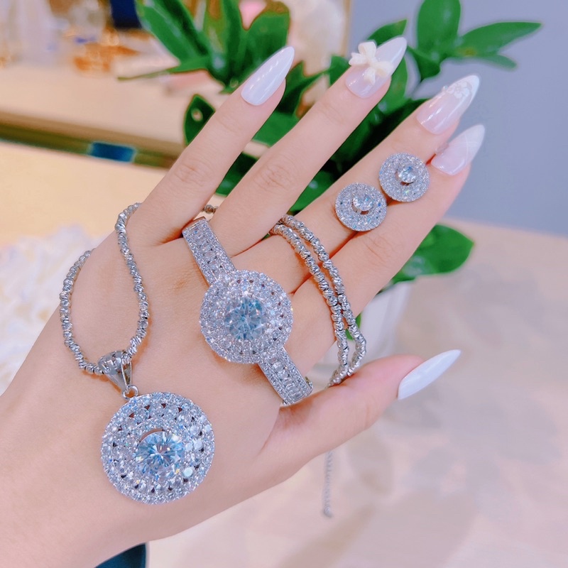 Bộ trang sức xi bạch kim đá tròn siêu sáng đi chơi đi tiệc Kami
