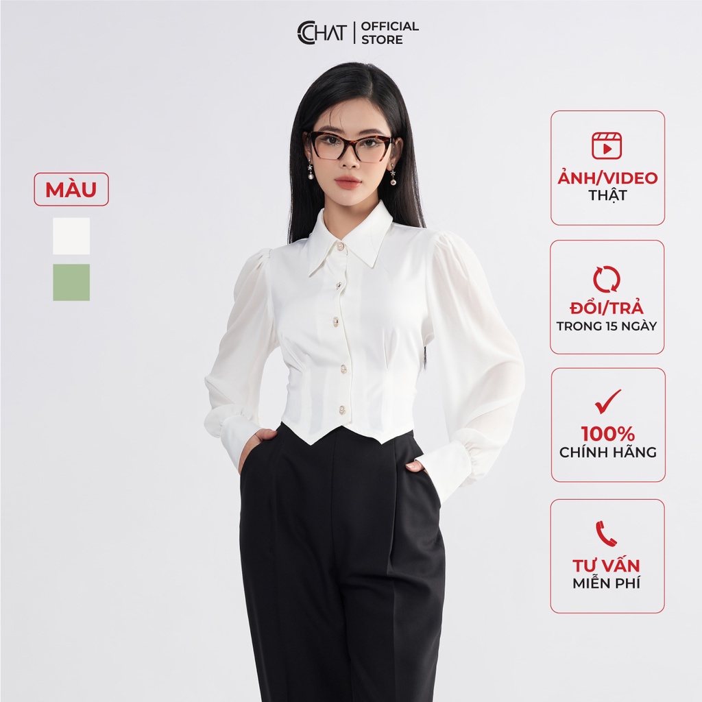 Áo Sơ Mi Nữ 𝐂𝐂𝐇𝐀𝐓 Phối Tay Tơ Rúm Chất Lụa Cao Cấp Mềm Mịn 62FDL8007OT
