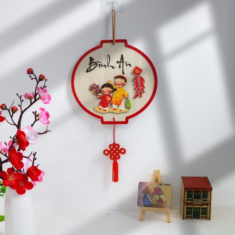 Tranh gỗ bảng gỗ treo trang trí tết chữ Bình An Lộc đầy nhà sắc đỏ rực rỡ tặng kèm móc dán