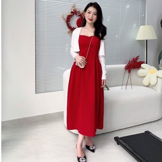 Set đầm 2s midi đỏ kèm khoác crop trắng