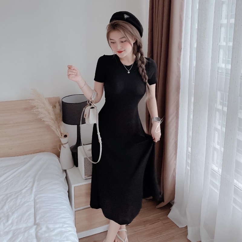 V109-Đầm thun tăm cổ tròn tay ngắn dáng xoè dài❤️ Váy xoè cổ tròn tay ngắn❤️Freeship