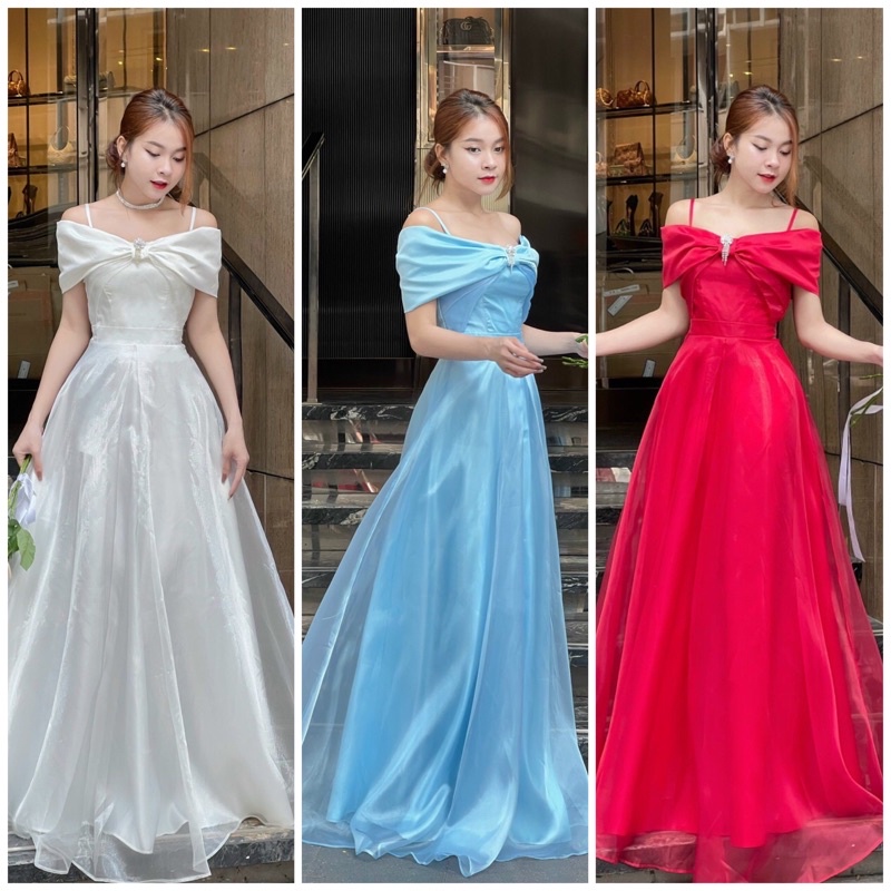 Đầm dạ hội phi xoè trễ vai hai dây kèm tag cài áo cao cấp