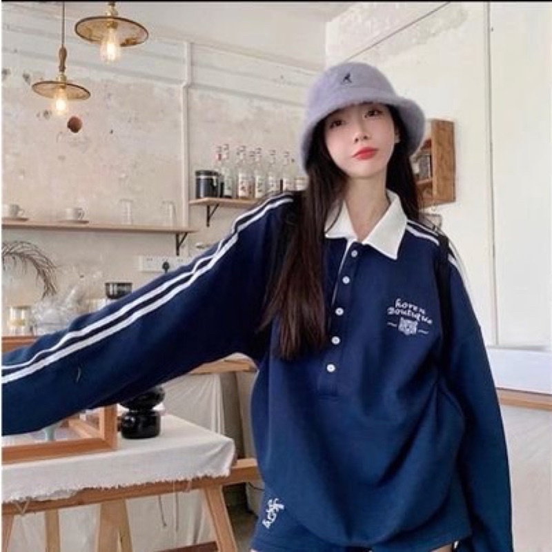 Bộ len xốp sweater polo thêu hổ JOLIE Nữ  Set đồ áo dài tay 2 sọc cổ phối cúc kèm quần short đùi ống rộng