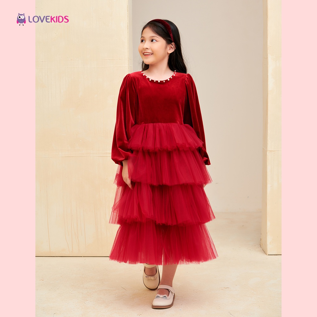 Đầm tiệc nhung dài tay phối tầng – Lovekids