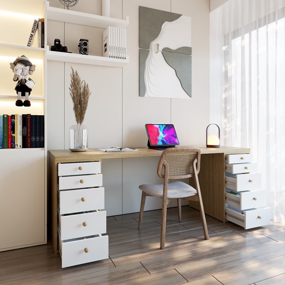 MORA, Bàn làm việc 2 tủ ngăn kéo DEK_070, 140x60x75cm, Scandi Home