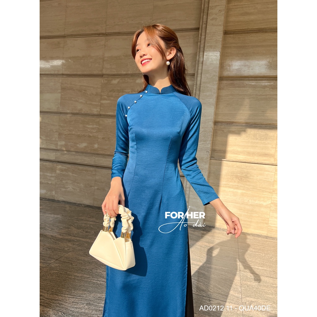 Áo dài FOR HER nút ngọc xanh navy AD0212.11