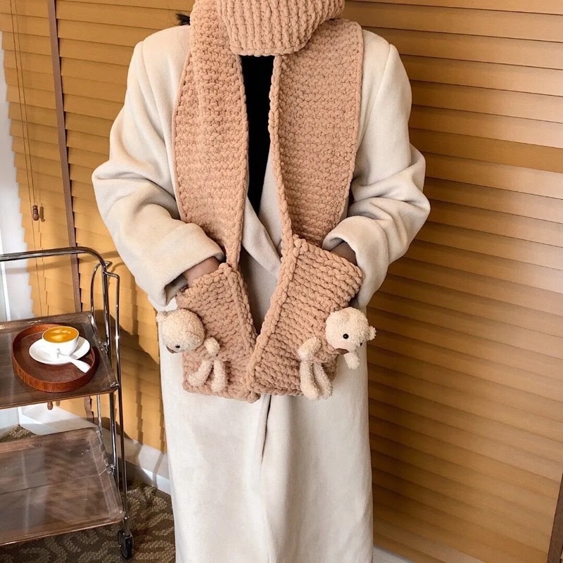 Set Đan Khăn Len Gấu To DIY Handmade