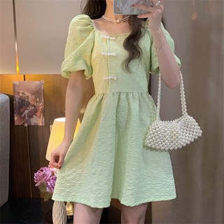Đầm Ngắn Mềm Mại Cổ Vuông Tay Phồng Màu Xanh Bạc Hà Thời Trang Mùa Hè 2022 Phong Cách Pháp Cổ Điển Dành Cho Bạn Nữ