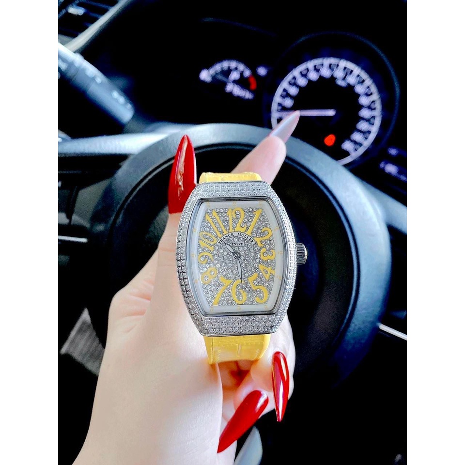 ĐỒNG HỒ NỮ FRANK MULLER BLUE V32 G Nạm hột - dây da - máy quazt- 36mm- chống nước - BẢO HÀNH 24 THÁNG