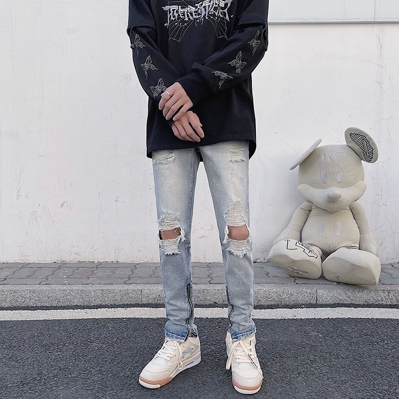Quần jean rách zipper xanh bạc streetwear vải denim cao cấp Quixotic