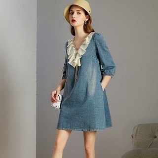 Đầm Denim Dáng Chữ a Tay Phồng Cổ Chữ v Thời Trang Mùa Xuân 2023 Mới Cho Nữ