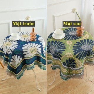 Tấm phủ sofa ghế mây, Khăn trải bàn màu xanh hoa cúc nhiều kích thước decor phòng khách, phòng ngủ, Thảm thổ cẩm vintage