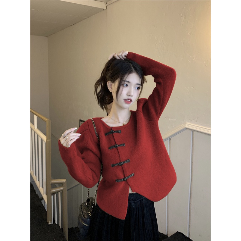 ZHELIHANGFEI Áo Khoác Cardigan Dệt Kim Tay Phồng Lưng Cao Thiết Kế Sành Điệu Cho Nữ