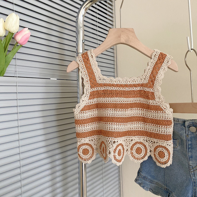 Set Áo Hai Dây Dệt Kim + Quần Short Denim Phong Cách Hàn Quốc Thời Trang Mùa Hè Cho Bé Gái