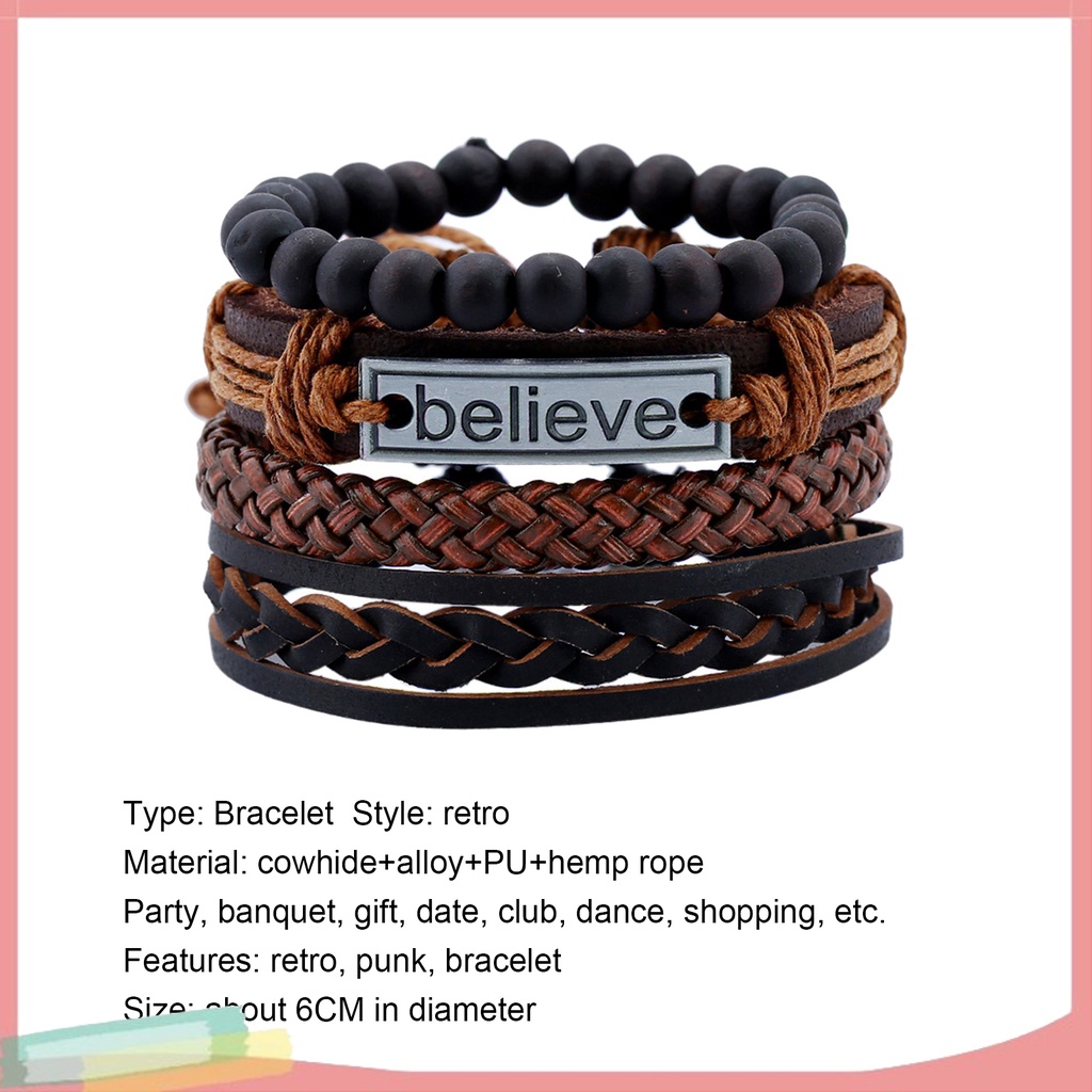 Set 4 vòng tay bện dây giả da thời trang cho nam