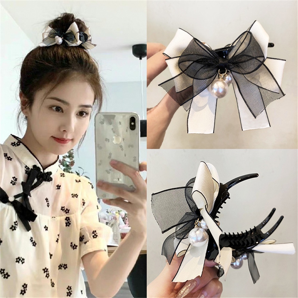 Kẹp Tóc Hình Nơ Màu Trắng Đen Thanh Lịch Thời Trang