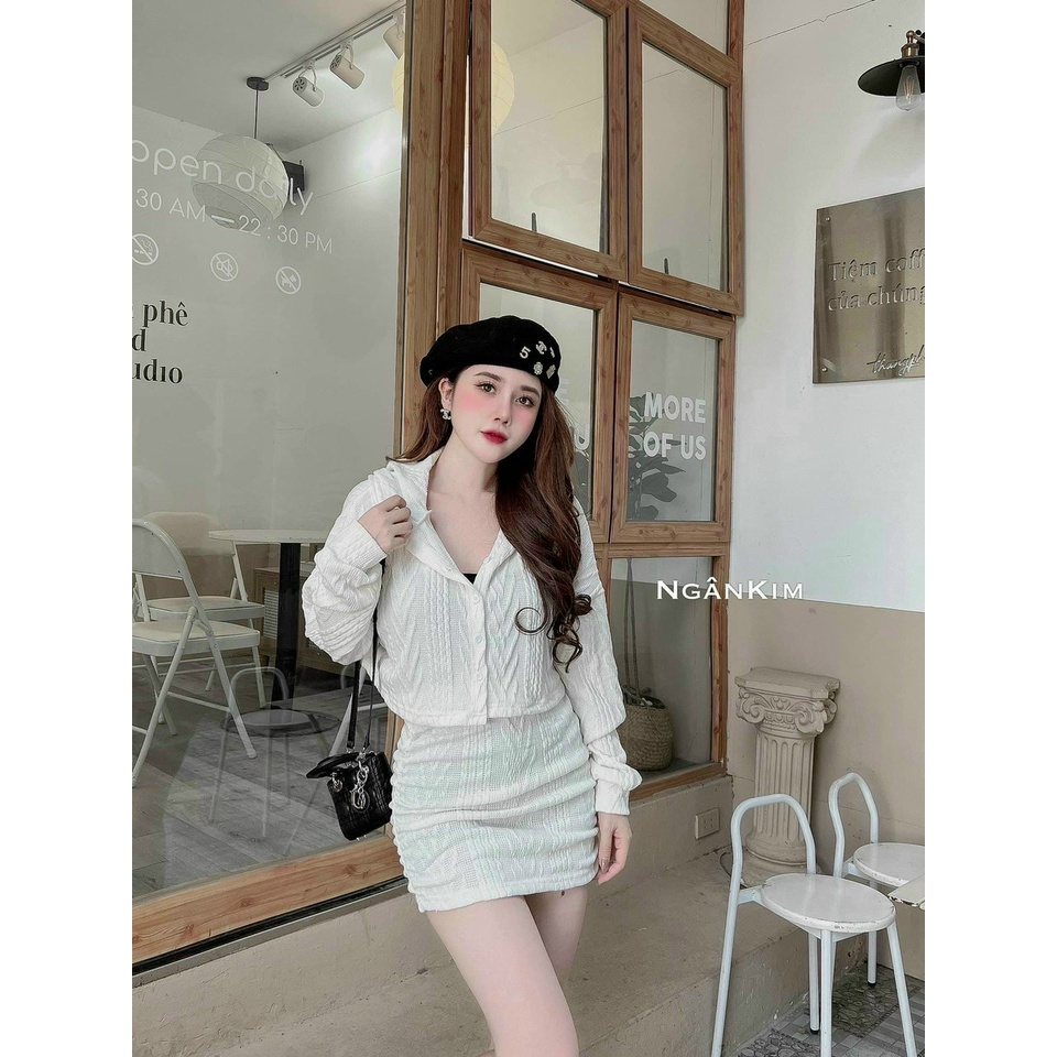 (Sale FreeShip) Sét váy len ren nữ 2 món,áo croptop tay dài cài nút có nón mix chân váy ôm,lên from chuẩn