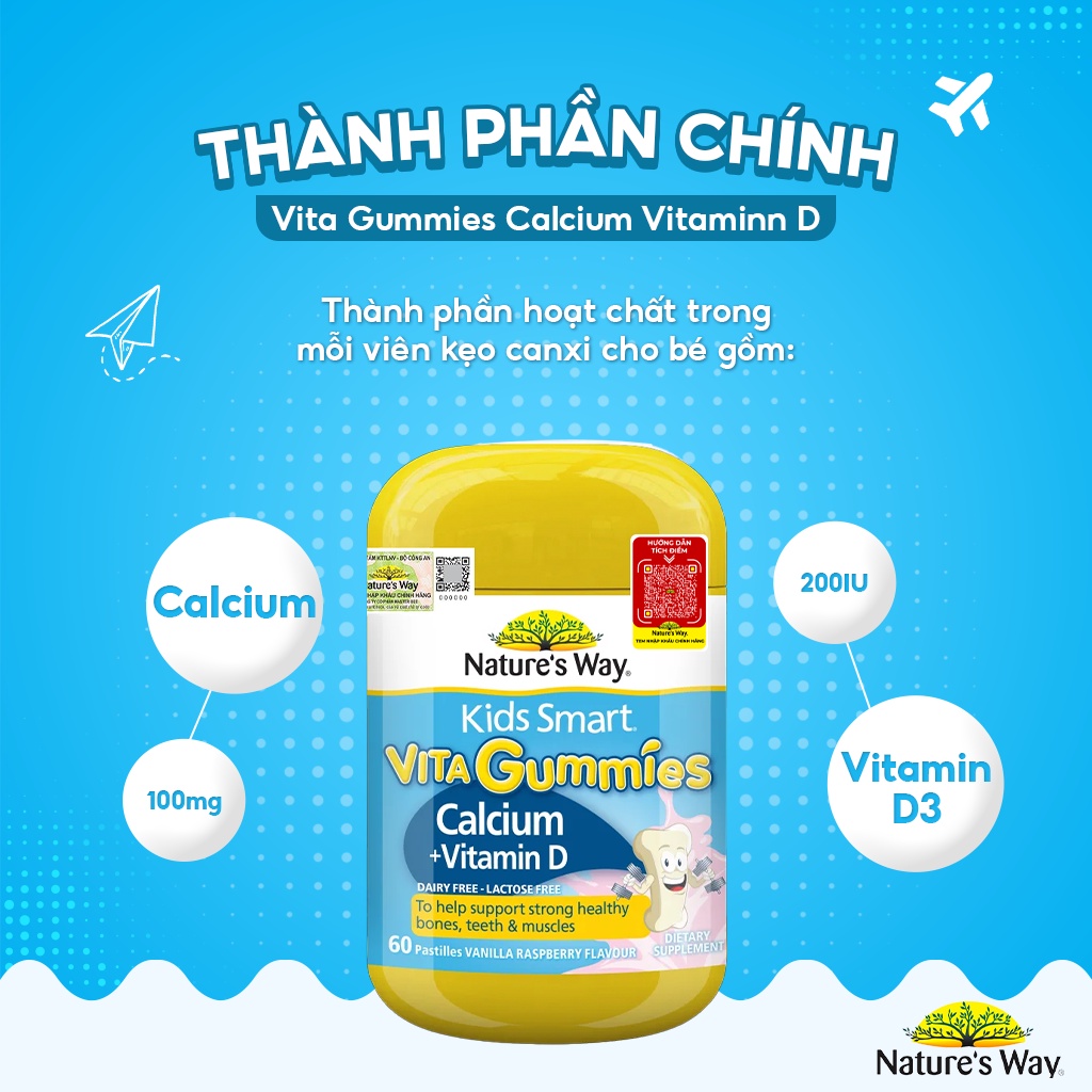 Kẹo Dẻo Canxi Cho Bé Nature’s Way Kids Smart Vita Gummies Calcium + Vitamin D Hỗ Trợ Phát Triển Chiều Cao 60 Viên