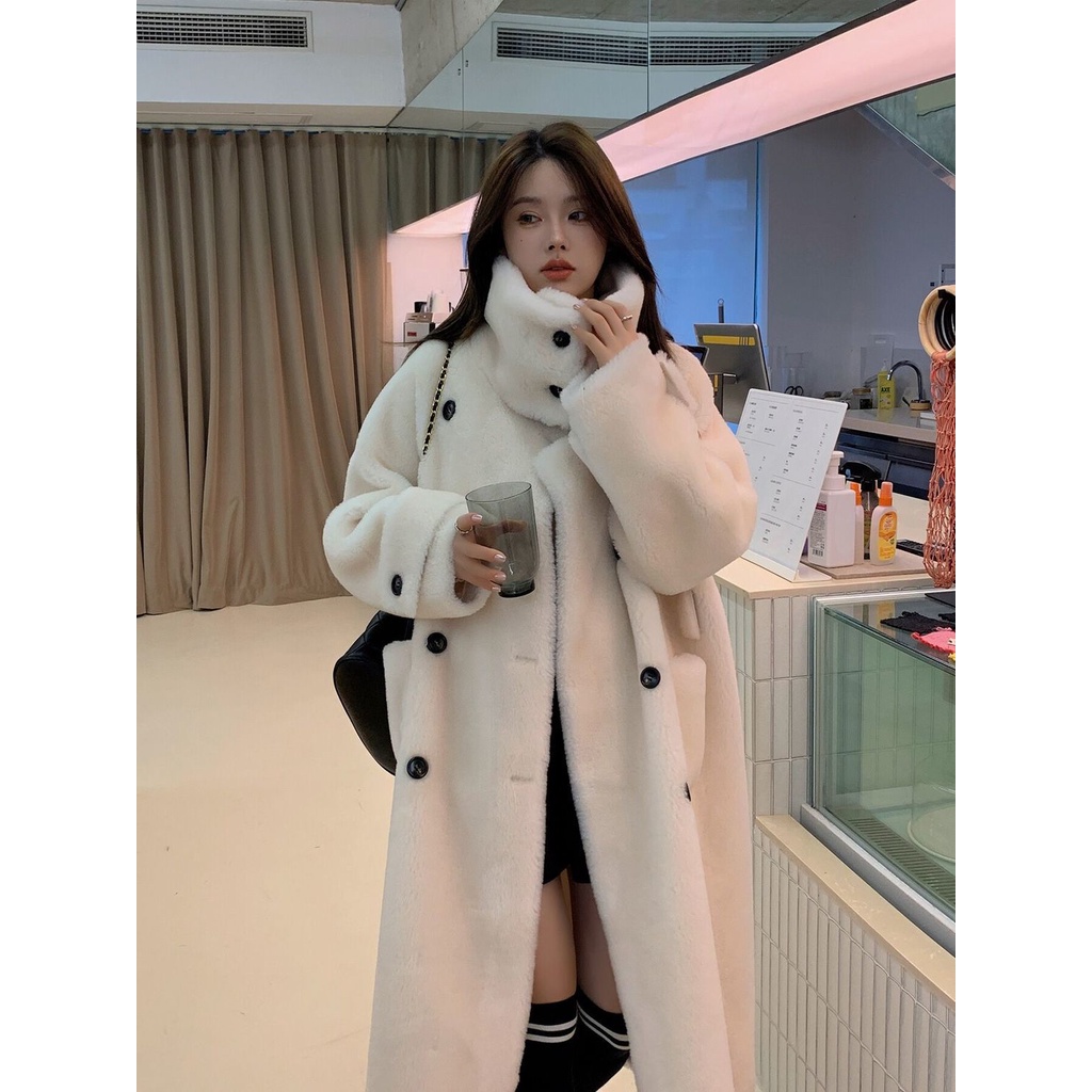 [S N ph m] Áo Khoác Lông Cừu Dày Dáng Dài Cổ Đứng Hai Hàng Nút Cài Phong Cách Hàn Quốc Dễ Phối Đồ Mùa Đông Cho Nữ