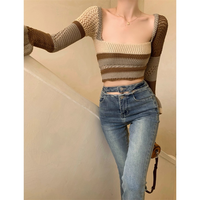 Áo dệt kim ZHELIHANGFEI tay dài cổ vuông hở lưng quyến rũ phong cách thời trang Pháp