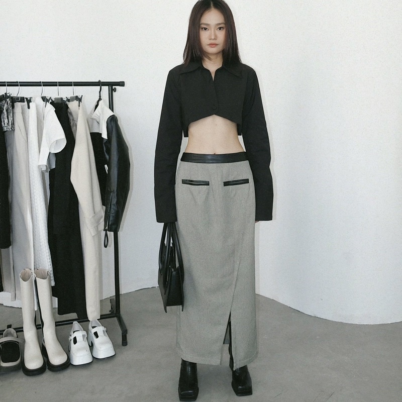Chân váy cạp trễ xẻ tà phối vải da INTO.EIGHT thiết kế (Sage Skirt)