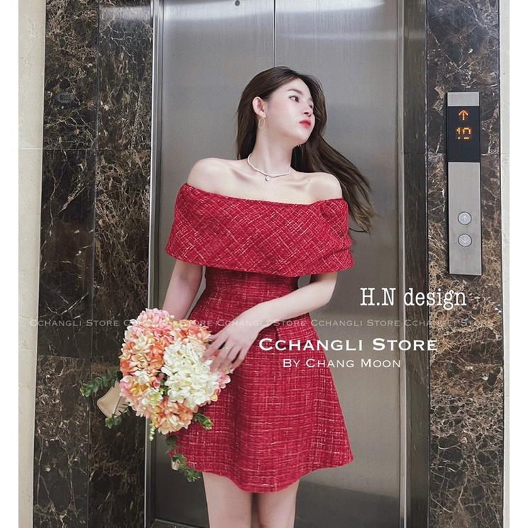 Váy dạ đỏ trễ vai siêu xinh Vải dạ caro nhũ QC cao cấp chuẩn y mẫu mặc , có lót trong ko dặm ngứa