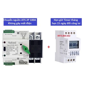 Combo Chuyển nguồn ATS 2P 100A + công tắc hẹn giờ timer tháng -Chuyển nguồn tự động NAKASI