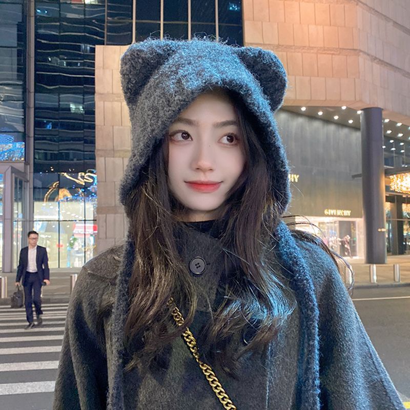 Mũ Len Dệt Kim Dày Dặn Giữ Ấm Tai Hình Gấu Dễ Thương Phong Cách Hàn Quốc Cho Nữ