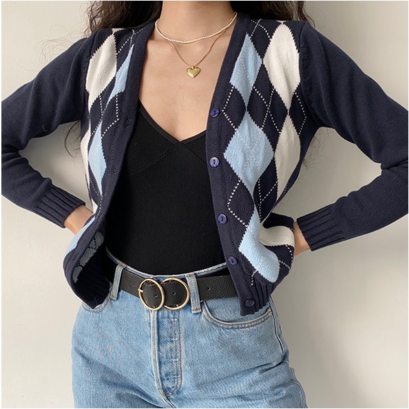 Áo khoác cardigan ZHELIHANGFEI dệt kim tay dài cổ chữ v lưng cao phong cách retro Mỹ