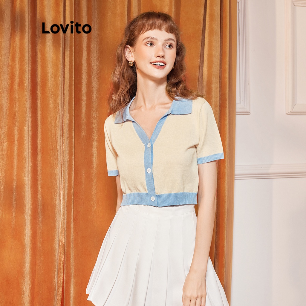 Lovito Cổ áo ràng buộc tương phản thông thường Crop Women Knit Top L37ED016 (Xanh nhạt)