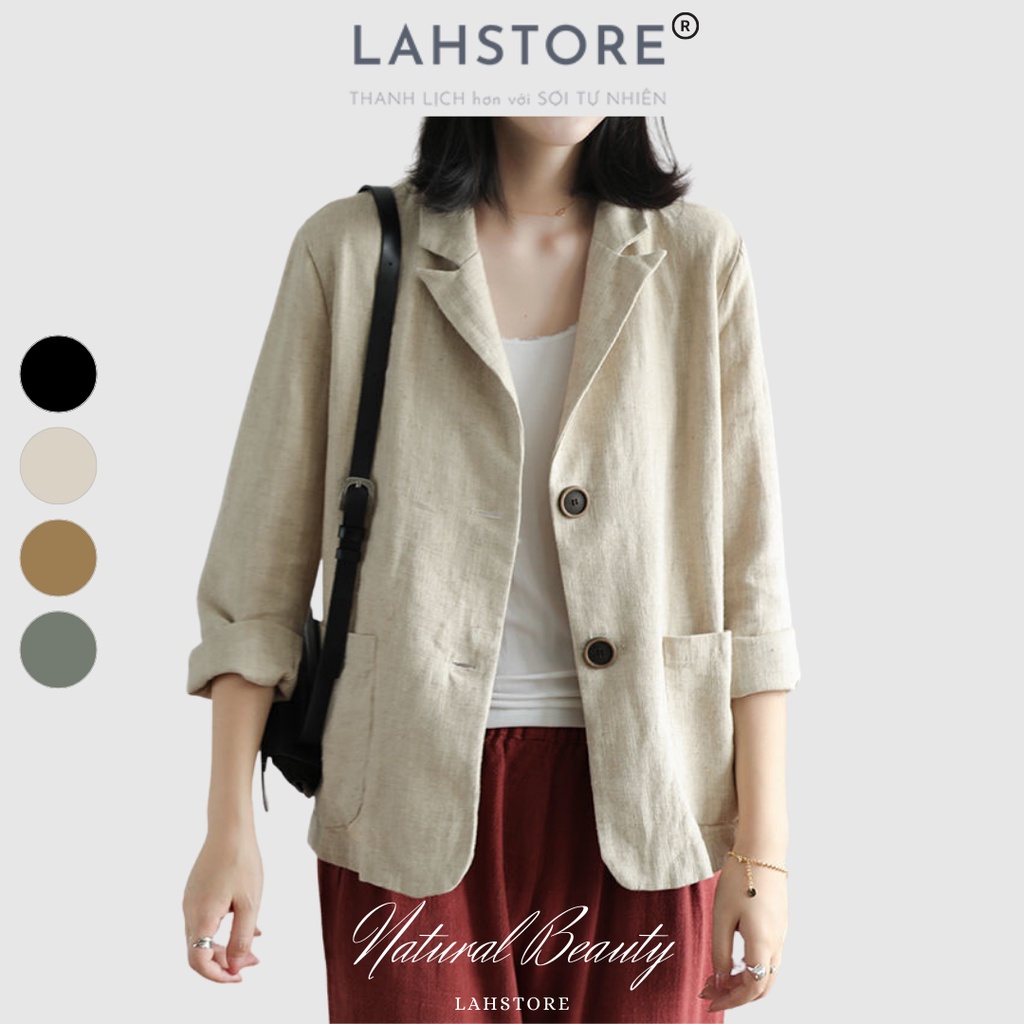 Áo blazer nữ LAHSTORE vải linen thô cao cấp. Hàng 1 lớp, 2 túi, 2 cúc BNU01 (Trắng Kem, Đen, Xanh Rêu, Nâu)