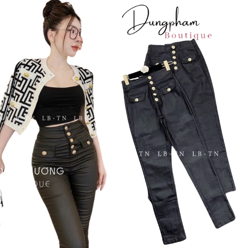Quần da khuy cạp cao hàng QC - Dungpham.Boutique