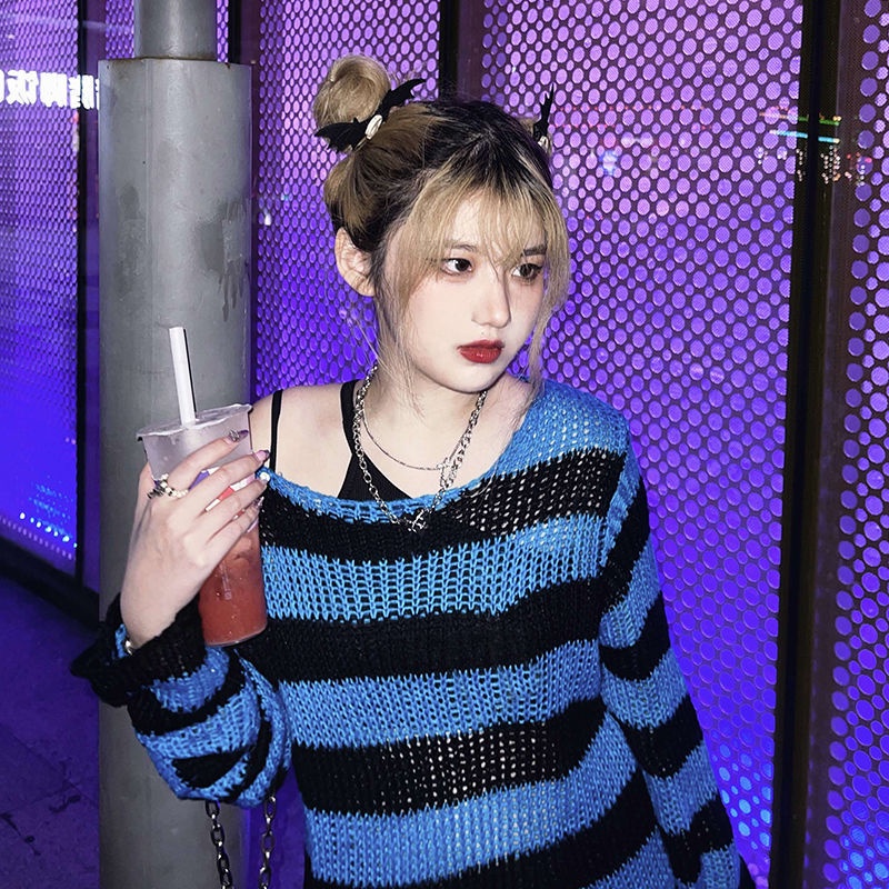Áo sweater y2k y2k Millet Phối Màu Tương Phản Phong Cách punk Cho Nữ