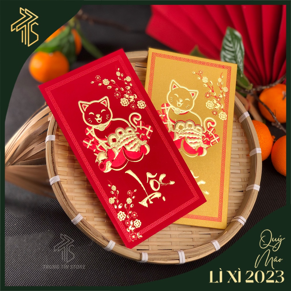 Lixi chữ nổi trên nền giấy đỏ, vàng truyền thống, đẹp, mừng tuổi, chúc phúc, mừng tuổi chữ Lộc ép kim cao cấp