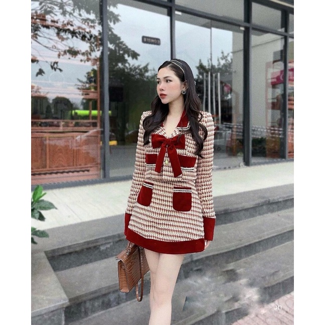 Sét dạ đỏ nhũ nơ ngực pha nhung Noen, Tết