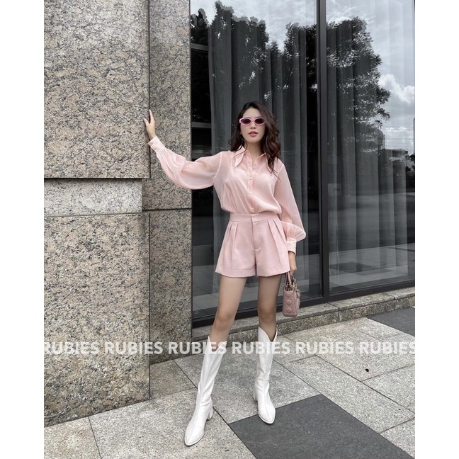 Áo sơ mi organza hồng nude freesize from rubies.sg